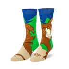 Pair of crew socks featuring a Sasquatch design.  Colors include brown, green, and blue. The Bigfoot image is walking through a forest.