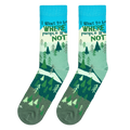 Lifestyle shot: A person's feet wearing the 'Where People Are Not' socks while hiking in nature.