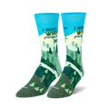 Pair of crew socks; teal, green, and white; features a mountain scene with trees and the phrase 'I want to be where people are not'.
