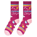 Flat lay showcasing the 'I'm a Total Fucking Delight' socks, highlighting the design details and color combinations.