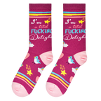 Flat lay showcasing the 'I'm a Total Fucking Delight' socks, highlighting the design details and color combinations.