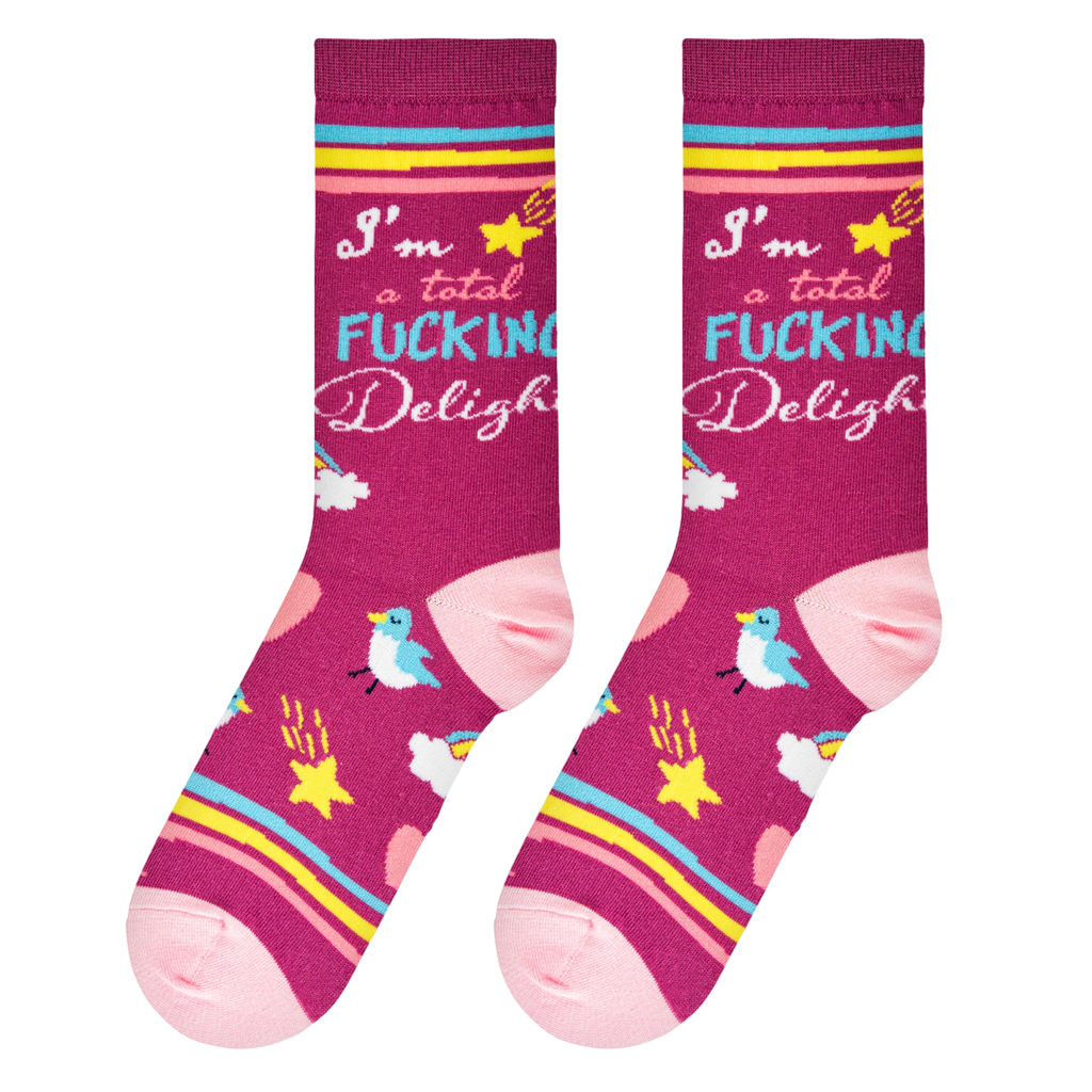 Flat lay showcasing the 'I'm a Total Fucking Delight' socks, highlighting the design details and color combinations.