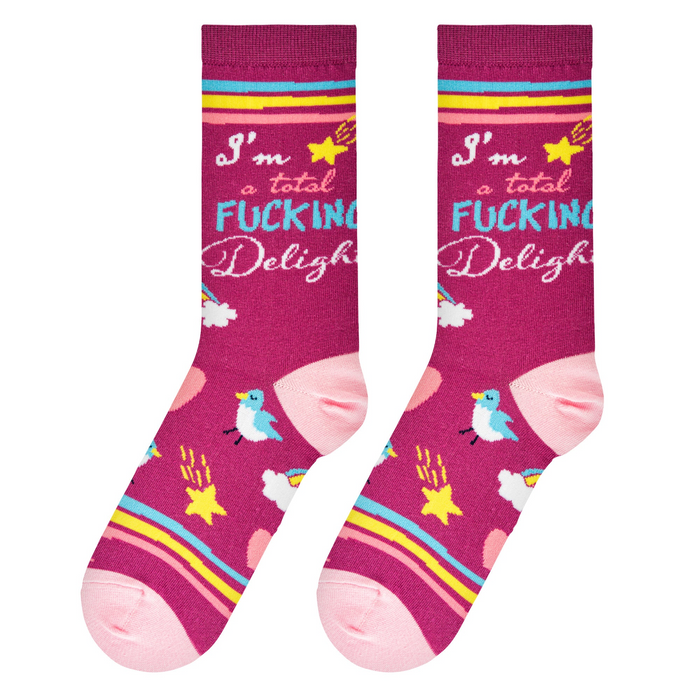 Flat lay showcasing the 'I'm a Total Fucking Delight' socks, highlighting the design details and color combinations.