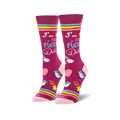 Pair of women's crew socks in fuchsia.  Features a bold 'I'm a total Fucking Delight' text, rainbows, stars, birds, and pink stripes.