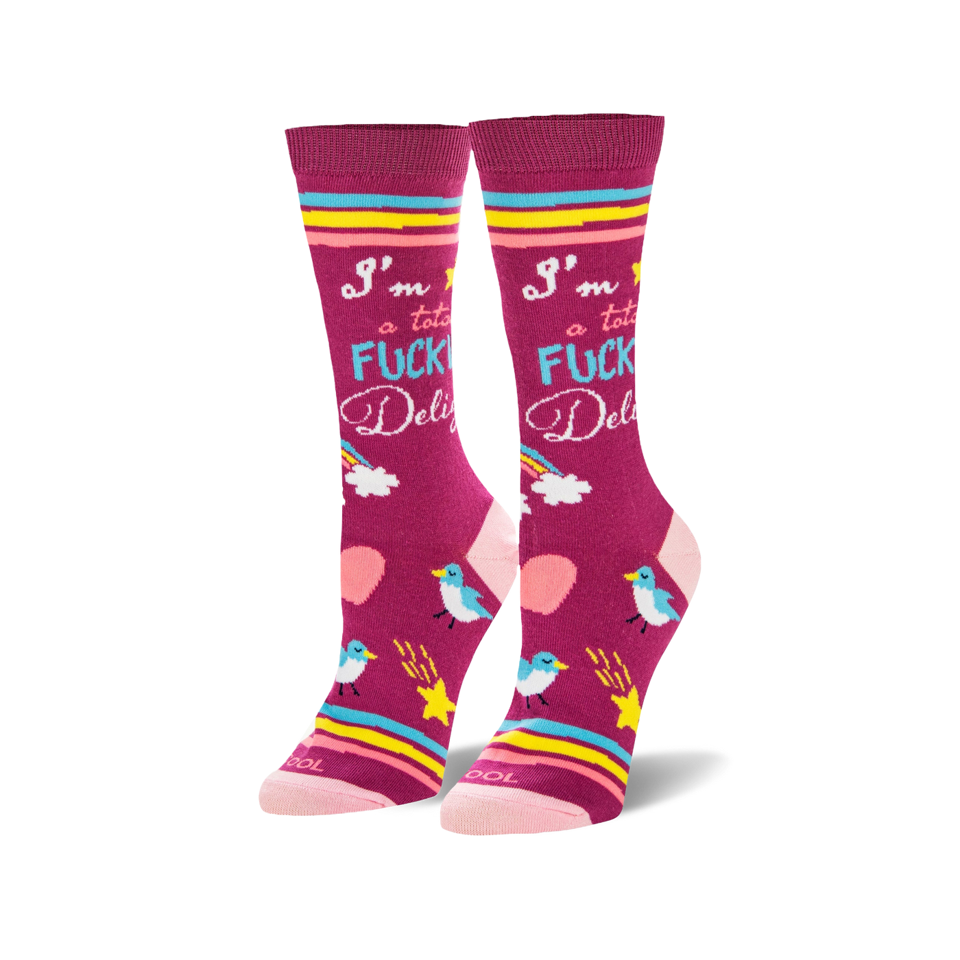 Pair of women's crew socks in fuchsia.  Features a bold 'I'm a total Fucking Delight' text, rainbows, stars, birds, and pink stripes.