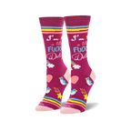 Pair of women's crew socks in fuchsia.  Features a bold 'I'm a total Fucking Delight' text, rainbows, stars, birds, and pink stripes.