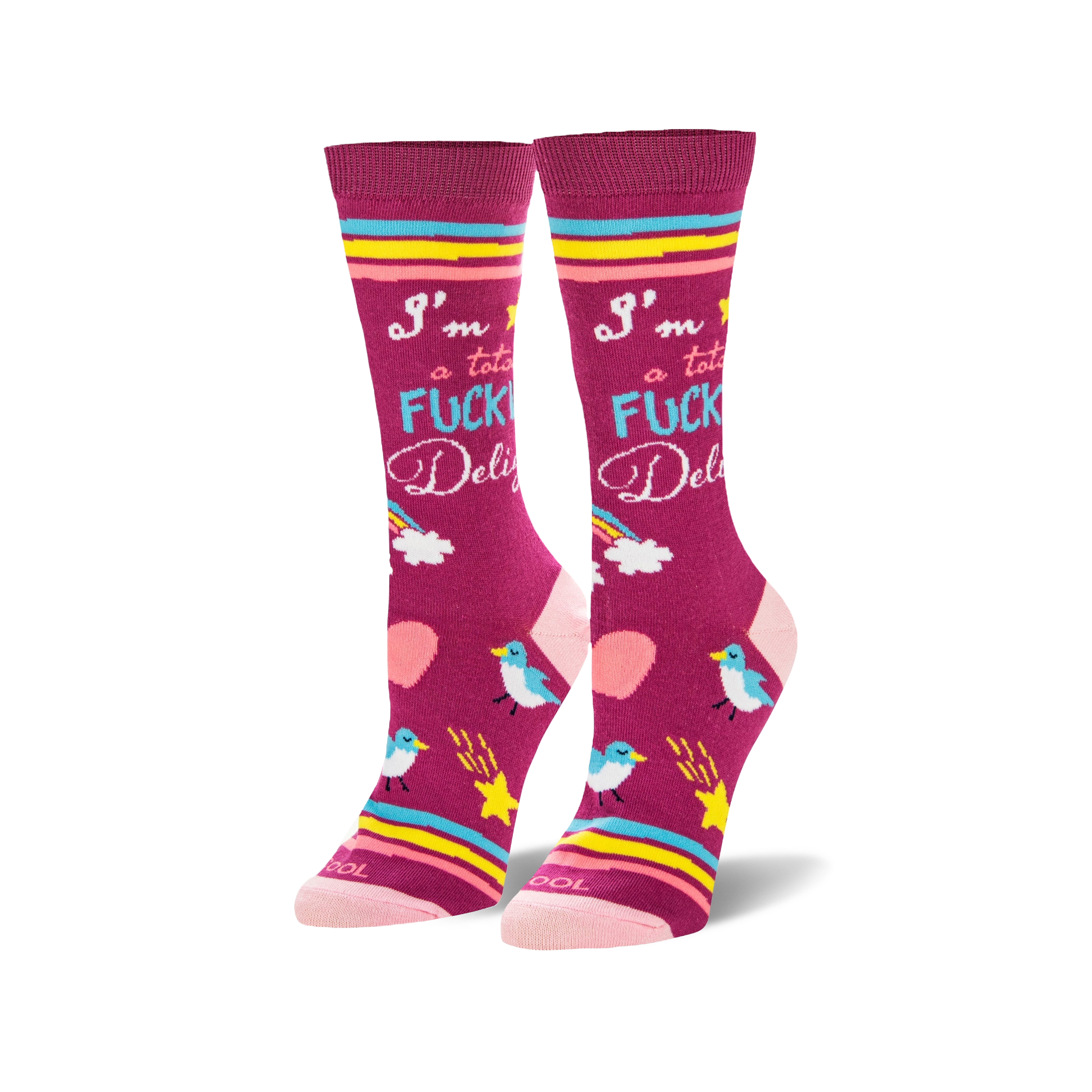 Pair of women's crew socks in fuchsia.  Features a bold 'I'm a total Fucking Delight' text, rainbows, stars, birds, and pink stripes.