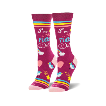 Pair of women's crew socks in fuchsia.  Features a bold 'I'm a total Fucking Delight' text, rainbows, stars, birds, and pink stripes.