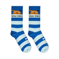 Flat lay of blue striped socks showing the grumpy brown dog face, EWW, PEOPLE text, and a white bone near the heel.