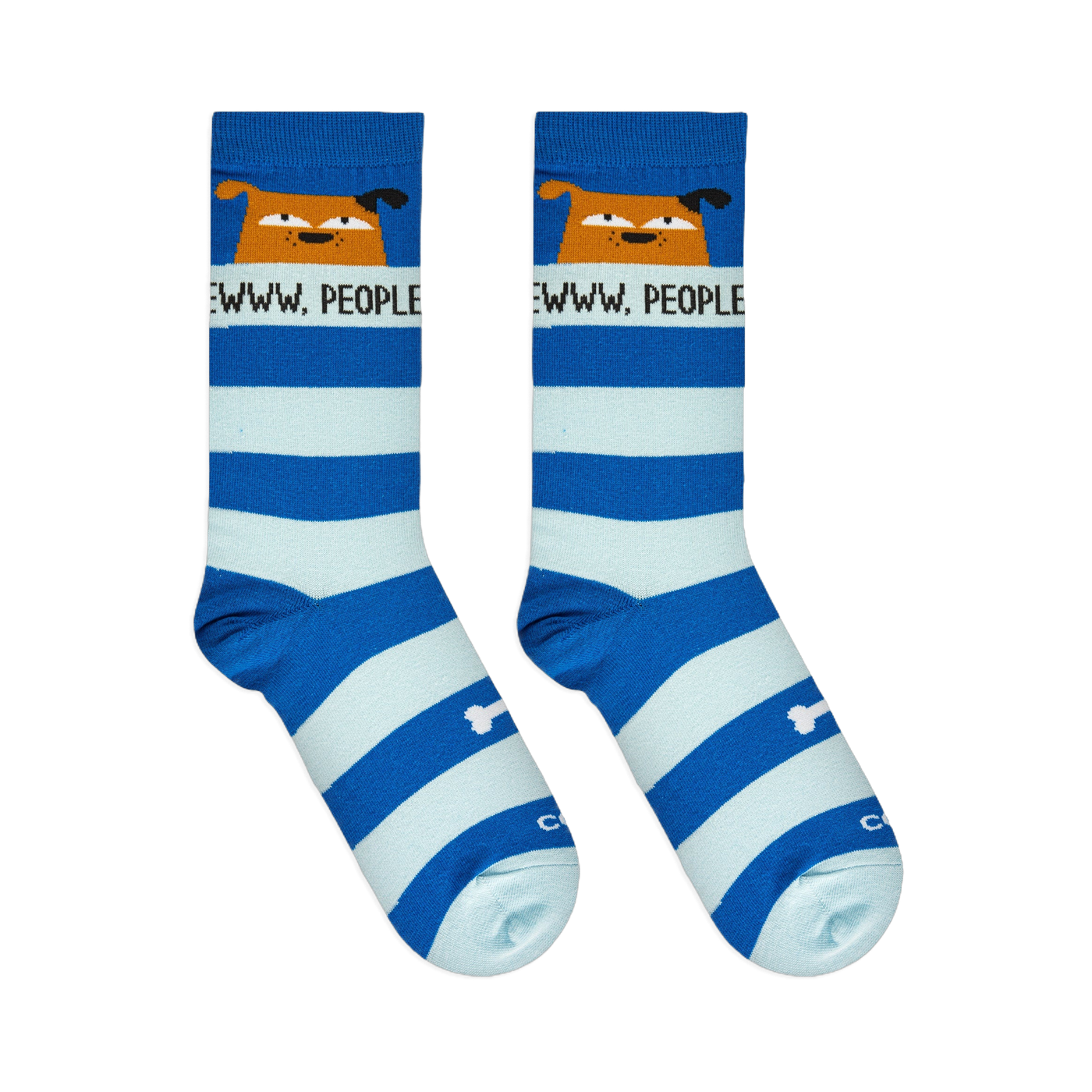 Flat lay of blue striped socks showing the grumpy brown dog face, EWW, PEOPLE text, and a white bone near the heel.