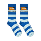 Flat lay of blue striped socks showing the grumpy brown dog face, EWW, PEOPLE text, and a white bone near the heel.
