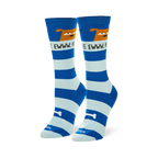 Blue striped socks showing an unimpressed brown dog above a white band reading EWW, PEOPLE and a white bone graphic.