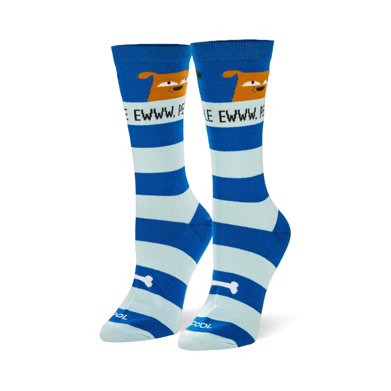 Blue striped socks showing an unimpressed brown dog above a white band reading EWW, PEOPLE and a white bone graphic.