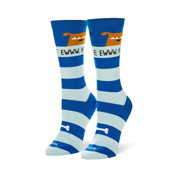 Blue striped socks showing an unimpressed brown dog above a white band reading EWW, PEOPLE and a white bone graphic.