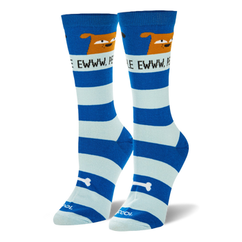 Blue striped socks showing an unimpressed brown dog above a white band reading EWW, PEOPLE and a white bone graphic.