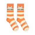 Flat lay of orange and cream striped socks showing a tabby cat, EWWW, PEOPLE text, and a white fish skeleton near the toe.