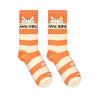 Flat lay of orange and cream striped socks showing a tabby cat, EWWW, PEOPLE text, and a white fish skeleton near the toe.