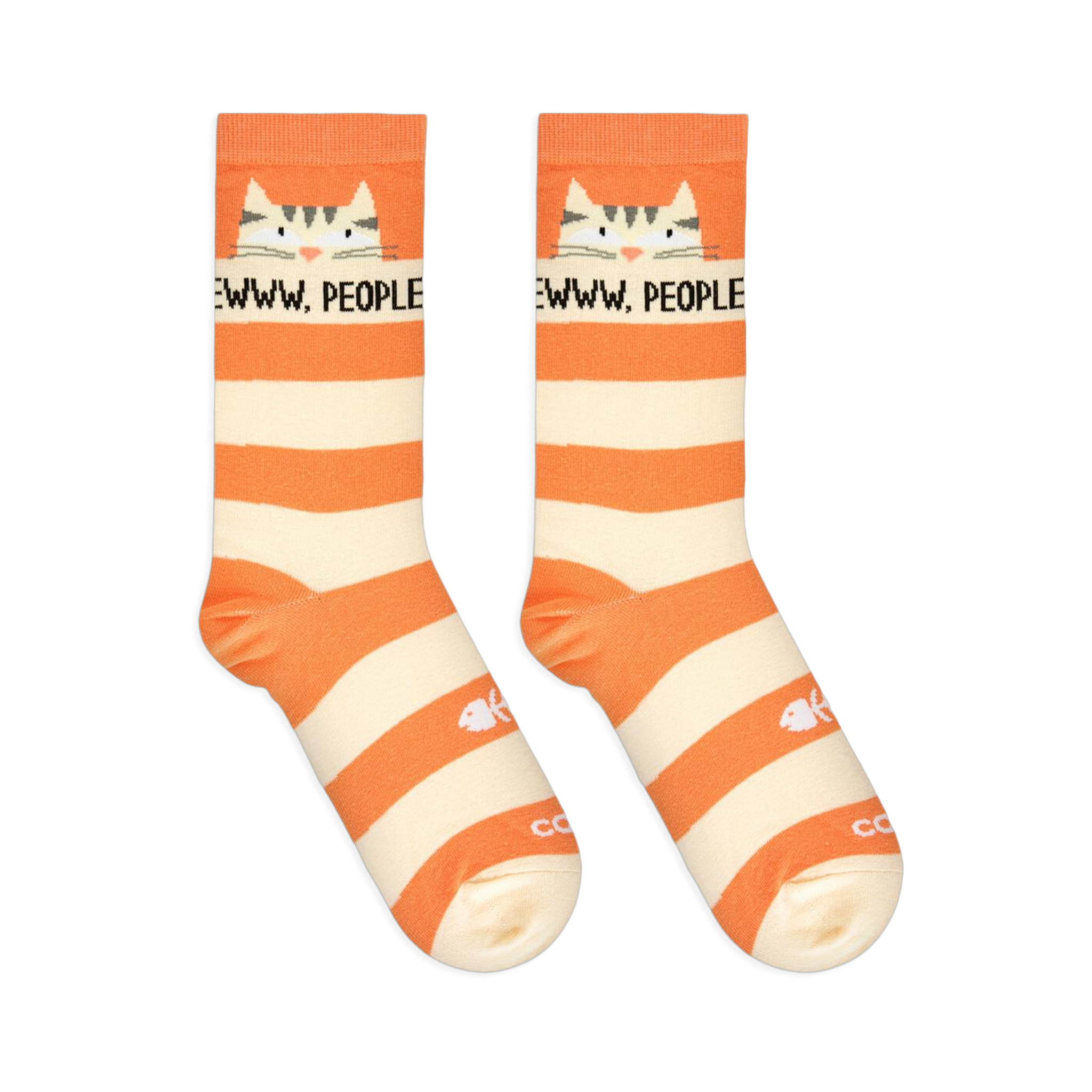 Flat lay of orange and cream striped socks showing a tabby cat, EWWW, PEOPLE text, and a white fish skeleton near the toe.