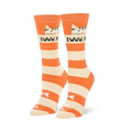 Orange and cream striped socks featuring a grumpy tabby cat face above the text EWWW, PEOPLE and a white fishbone at the toe.