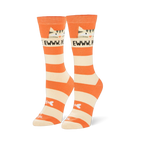 Orange and cream striped socks featuring a grumpy tabby cat face above the text EWWW, PEOPLE and a white fishbone at the toe.