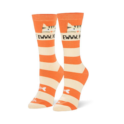 Orange and cream striped socks featuring a grumpy tabby cat face above the text EWWW, PEOPLE and a white fishbone at the toe.
