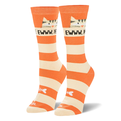 Orange and cream striped socks featuring a grumpy tabby cat face above the text EWWW, PEOPLE and a white fishbone at the toe.
