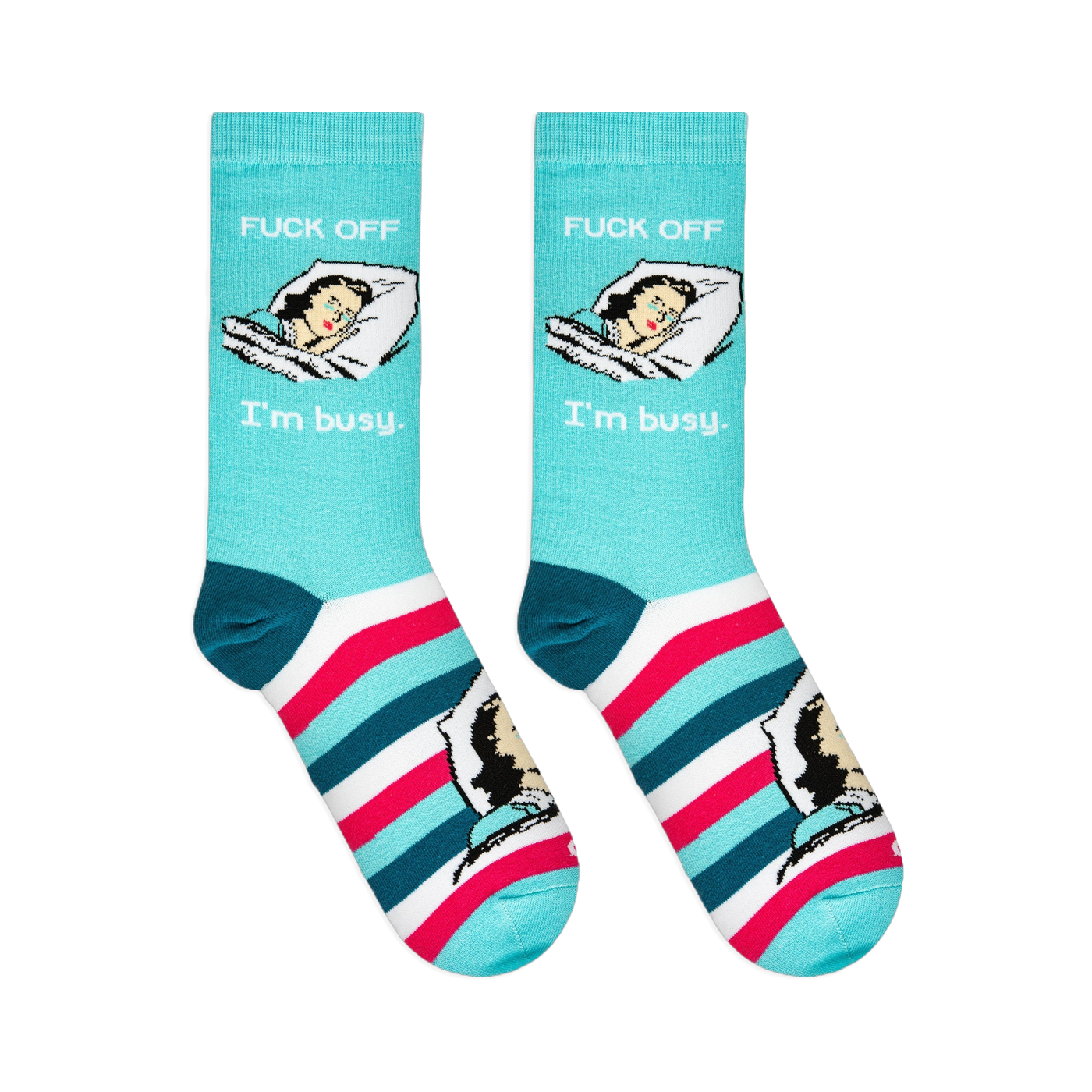 Flat lay of aqua crew socks showing a vintage sleeping woman, text reading FUCK OFF I'm busy, and bold striped feet.