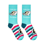 Flat lay of aqua crew socks showing a vintage sleeping woman, text reading FUCK OFF I'm busy, and bold striped feet.