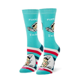 Aqua crew socks showing a retro sleeping woman with text FUCK OFF I'm busy, plus pink, white, navy, and teal foot stripes.