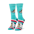 Aqua crew socks showing a retro sleeping woman with text FUCK OFF I'm busy, plus pink, white, navy, and teal foot stripes.