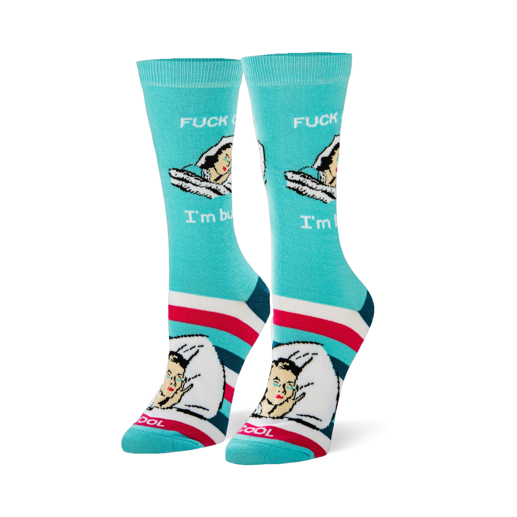 Aqua crew socks showing a retro sleeping woman with text FUCK OFF I'm busy, plus pink, white, navy, and teal foot stripes.