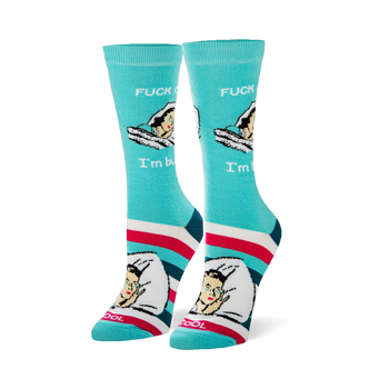 Aqua crew socks showing a retro sleeping woman with text FUCK OFF I'm busy, plus pink, white, navy, and teal foot stripes.