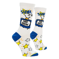 Side angle of white crew socks featuring a blue retro TV that says SHIT SHOW, with blue heels and yellow stars on the foot.