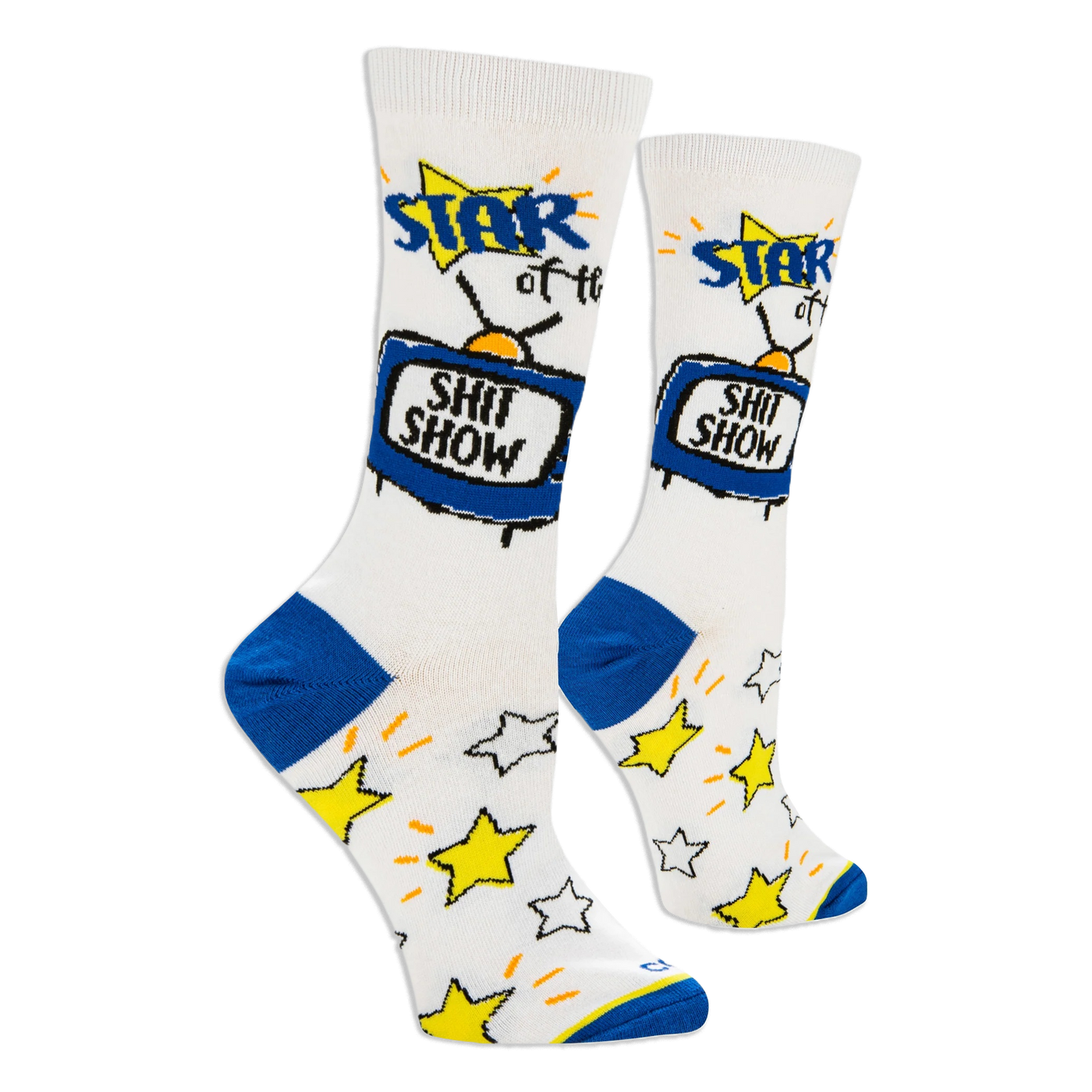 Side angle of white crew socks featuring a blue retro TV that says SHIT SHOW, with blue heels and yellow stars on the foot.