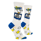 Side angle of white crew socks featuring a blue retro TV that says SHIT SHOW, with blue heels and yellow stars on the foot.