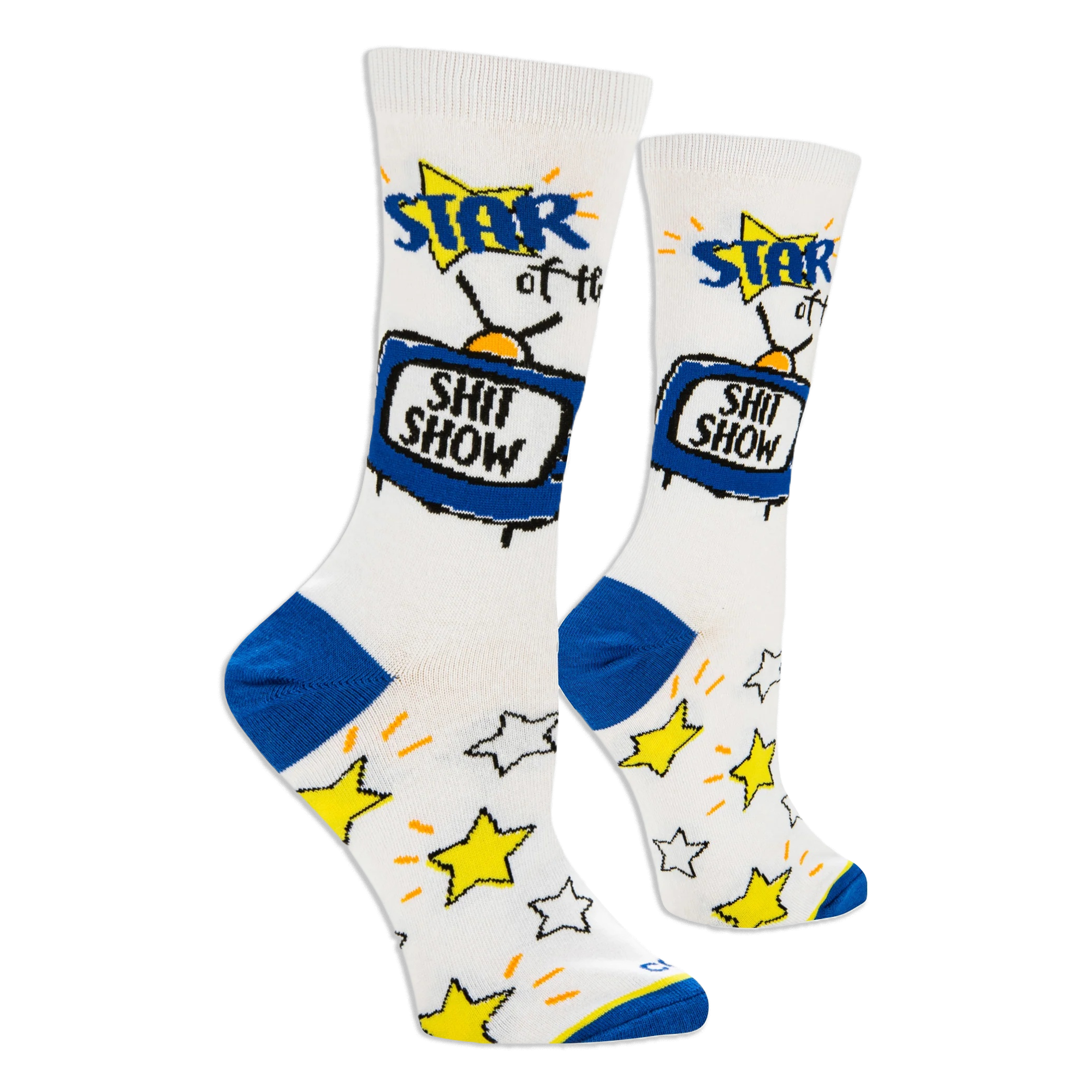 Side angle of white crew socks featuring a blue retro TV that says SHIT SHOW, with blue heels and yellow stars on the foot.
