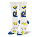 White crew socks featuring a blue retro TV that says SHIT SHOW and scattered yellow stars over the foot. Has blue heels.