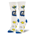 White crew socks featuring a blue retro TV that says SHIT SHOW and scattered yellow stars over the foot. Has blue heels.