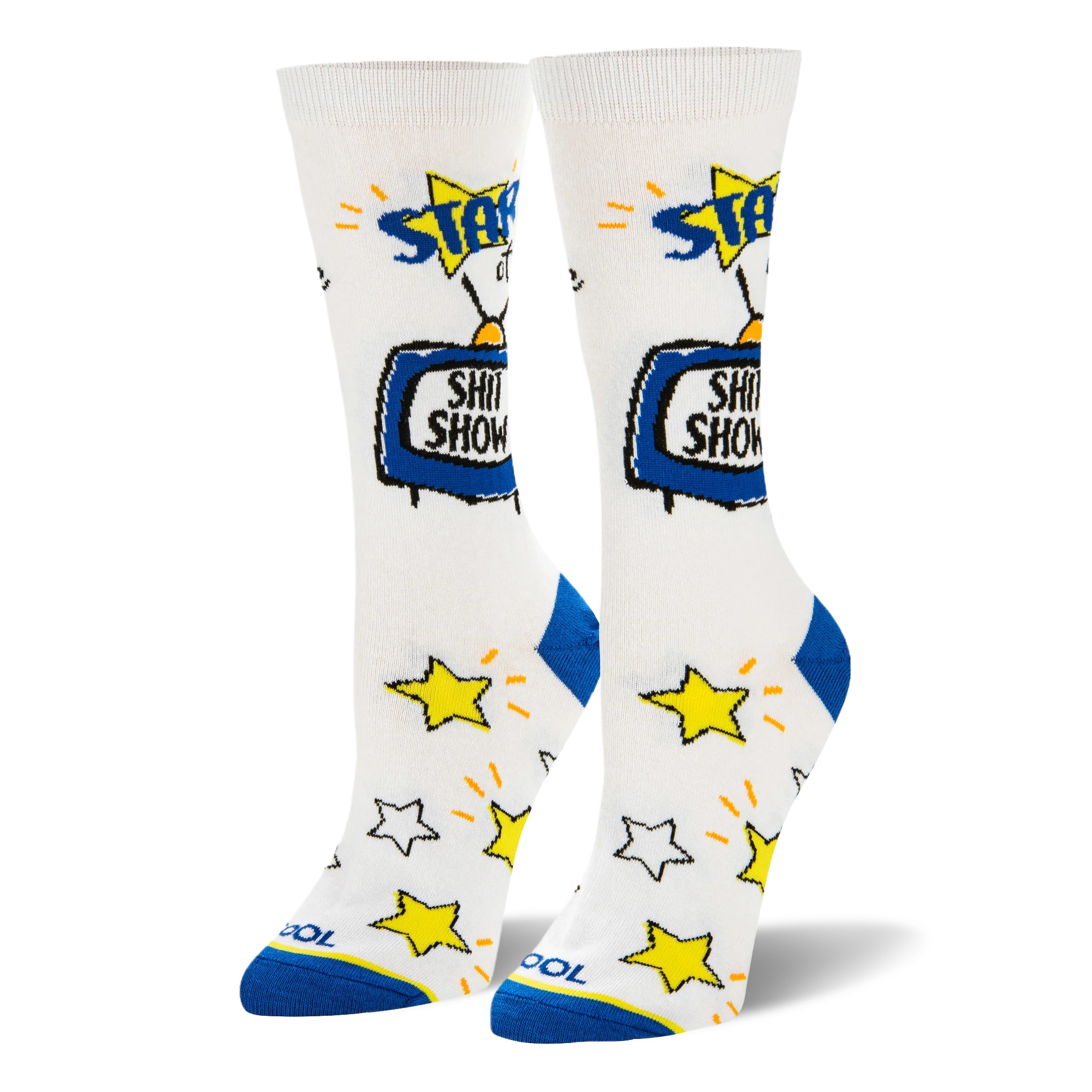 White crew socks featuring a blue retro TV that says SHIT SHOW and scattered yellow stars over the foot. Has blue heels.