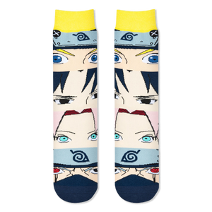 Two Naruto socks laid flat side-by-side, showing a front view of the four stacked anime character faces and dark blue toes.