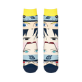 Two Naruto socks laid flat side-by-side, showing a front view of the four stacked anime character faces and dark blue toes.