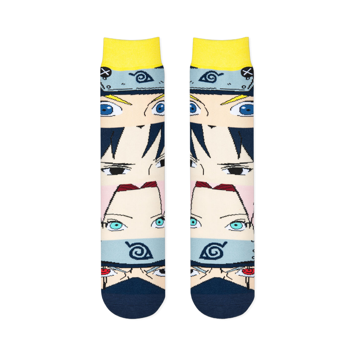 Two Naruto socks laid flat side-by-side, showing a front view of the four stacked anime character faces and dark blue toes.