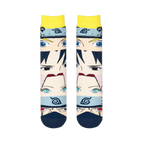 Two Naruto socks laid flat side-by-side, showing a front view of the four stacked anime character faces and dark blue toes.