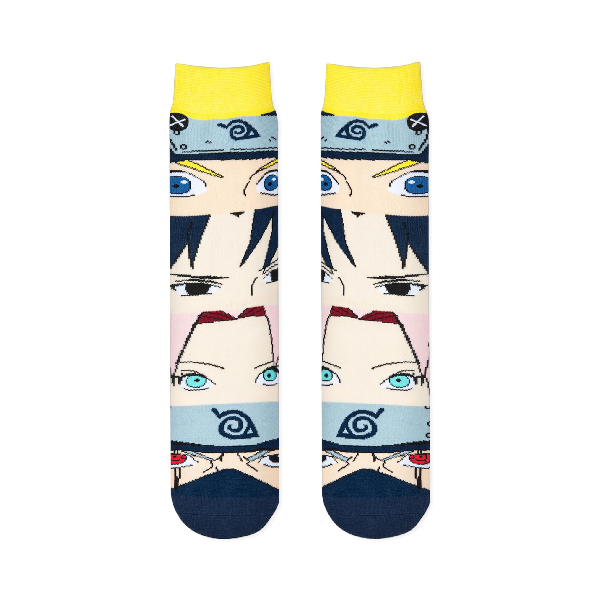 Two Naruto socks laid flat side-by-side, showing a front view of the four stacked anime character faces and dark blue toes.