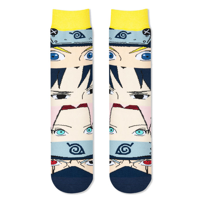 Two Naruto socks laid flat side-by-side, showing a front view of the four stacked anime character faces and dark blue toes.