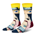 Crew socks with stacked close-ups of 4 Naruto character faces, featuring a bright yellow cuff, maroon heel, and blue toe.