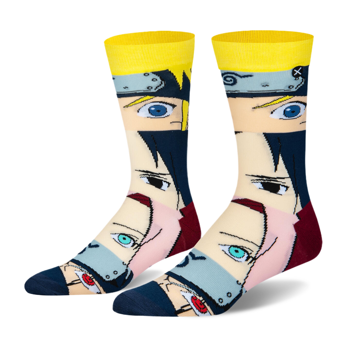 Crew socks with stacked close-ups of 4 Naruto character faces, featuring a bright yellow cuff, maroon heel, and blue toe.