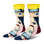 Crew socks with stacked close-ups of 4 Naruto character faces, featuring a bright yellow cuff, maroon heel, and blue toe.