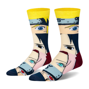 Crew socks with stacked close-ups of 4 Naruto character faces, featuring a bright yellow cuff, maroon heel, and blue toe.