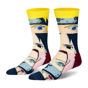 Crew socks with stacked close-ups of 4 Naruto character faces, featuring a bright yellow cuff, maroon heel, and blue toe.